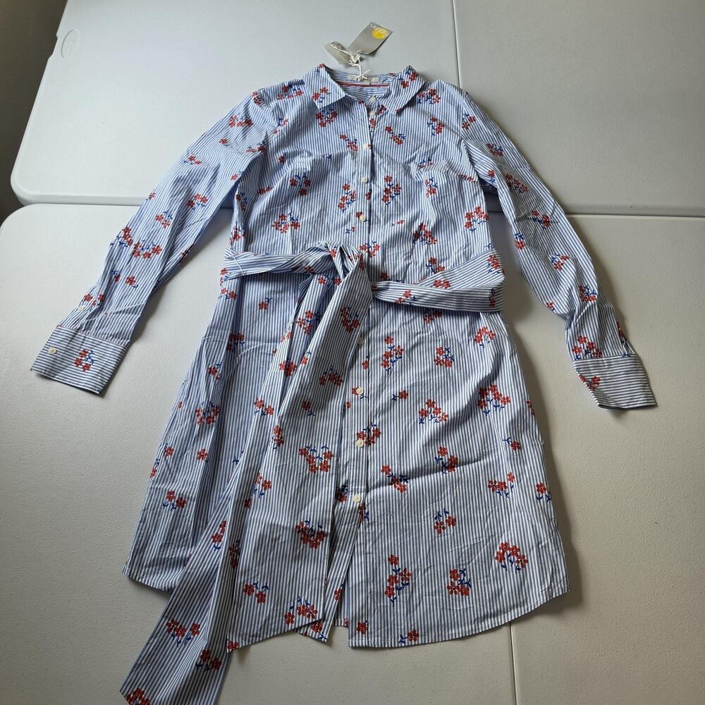 Boden Dress Womens 8 Blue Stripe Floral Cotton Shirt Belted Long Sleeve Knee
